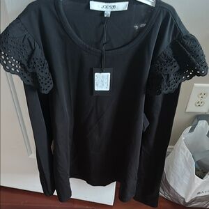 Joe's Jeans Black Blouse with Eyelet Ruffle Sleeves
